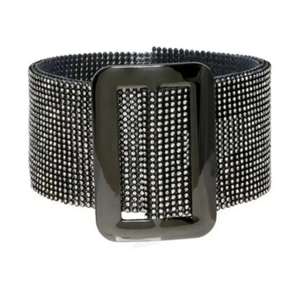 Full Rhinestone Crystal Mesh Pave Wide Belt Black & Silver Adjustable Women's
